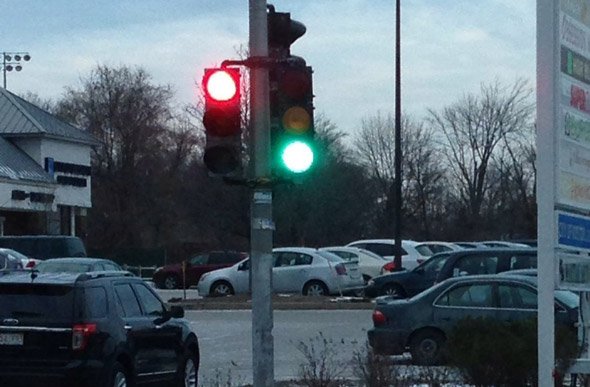 Crazy traffic lights on Spring Street in West Roxbury