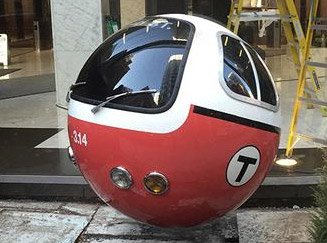 Red Line pokeball sculpture in downtown Boston