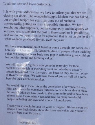 Note explaning why Rosies in Chestnut Hill is closed: Supplier shut