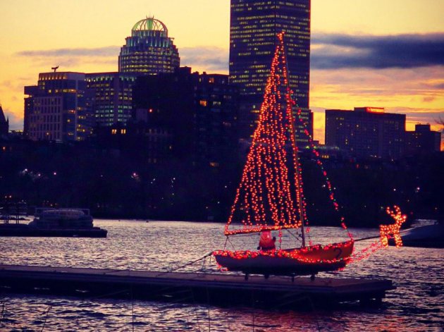 Santa on the Charles River at sunset