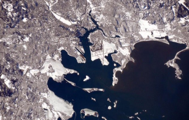 Boston in the snow as seen from the International Space Station