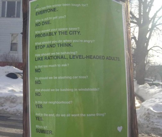Sign urging people to chill out about space saving in Somerville