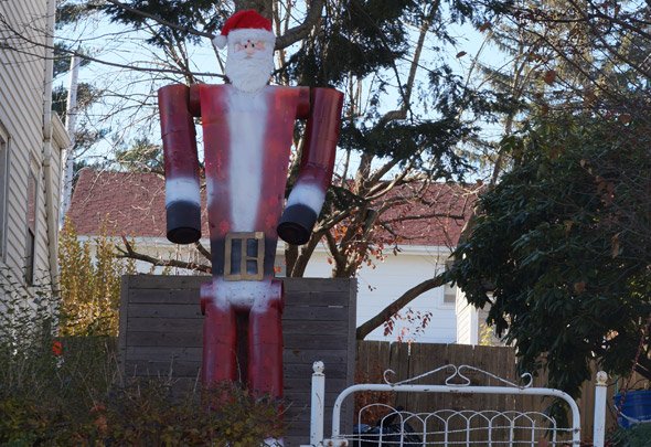Santa Claus made of tin cans in Roslindale