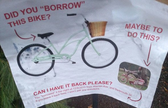 Sign asking for her bike back
