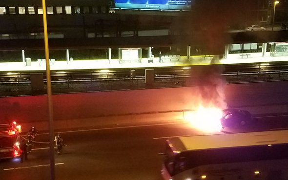 Car in flames on I-93 south in Dorchester