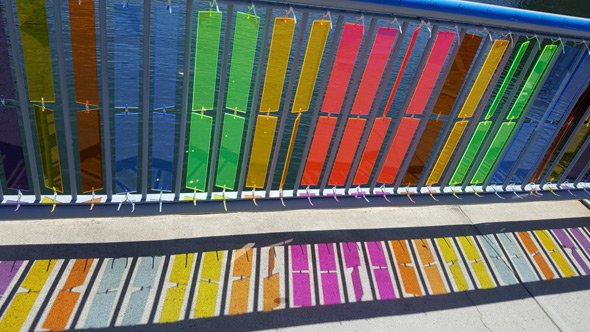 Colored panels on bridge across Fort Point Channel in Boston