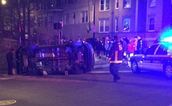 Flipped car on Commonwealth Avenue in Brighton