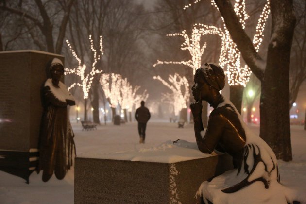 Snow-covered statue on the Commonwealth Avenue Mall in the Back Bay