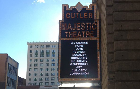 Hope sign on Emerson's Cutler Majestic Theatre