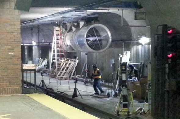 Ventillation fan being installed at the Forest Hills MBTA station