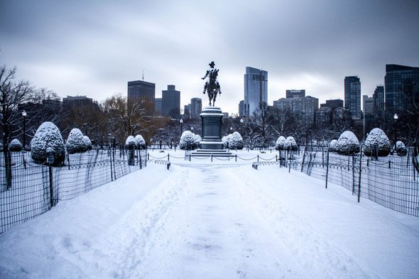 Snowy George Washington statue in Boston's Public Garden