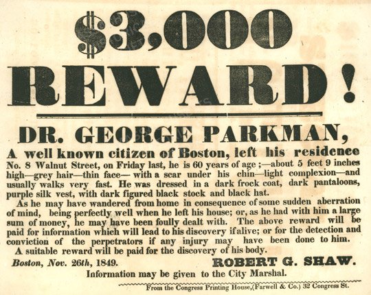$3,000 reward for information on whereabouts of Dr. George Parkman