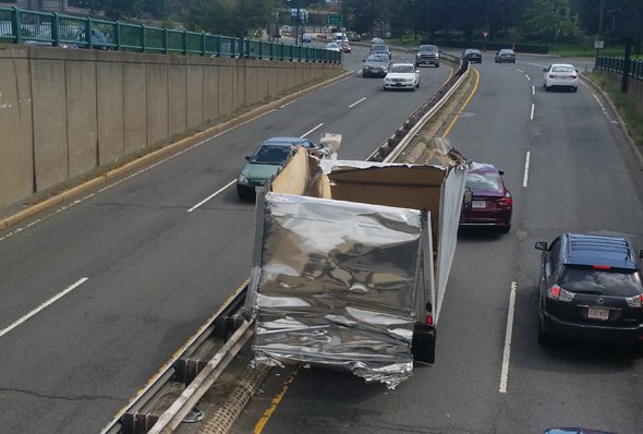 Peeled back truck on Soldiers Field Road