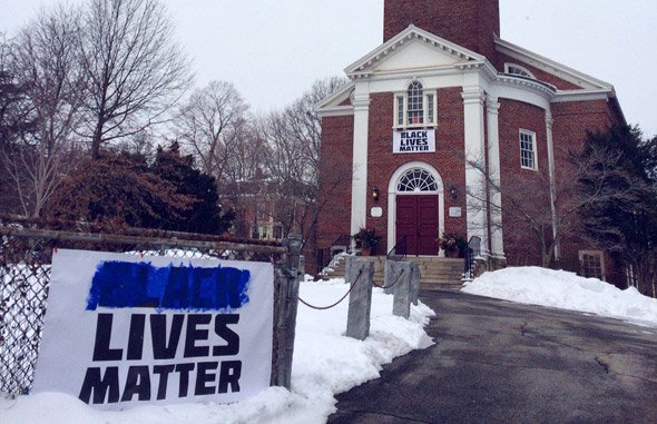 Hope Church on Seaverns Avenue in Jamaica Plain with vandalized sign