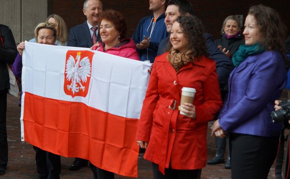 Polish flag outside Boston City Hall