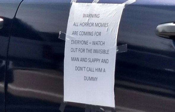 West Roxbury sign: Warning, all horror movies coming for everybody
