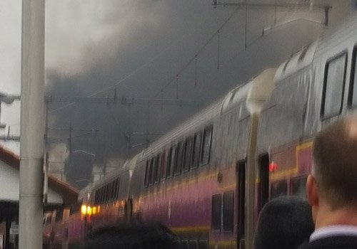 Smoke-belching train on the Providence Line in Attleboro