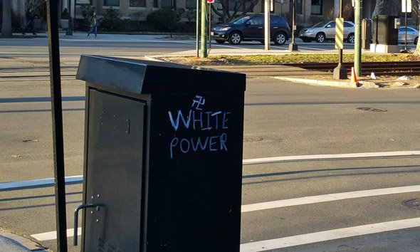 White Power logo on a Brookline traffic-control box
