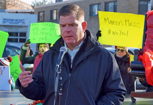 Marty Walsh in front of protest signs