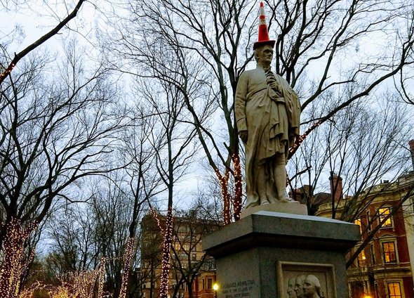 Alexander Hamilton with a cone on his head in Boston