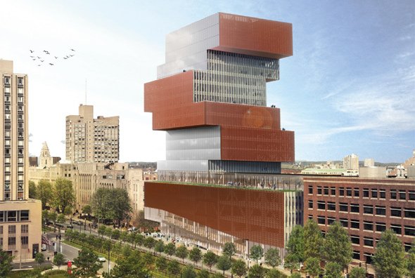 Architect's rendering of new BU building - with birds