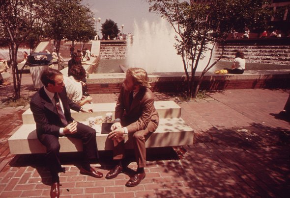 City Hall Plaza with a fountain in 1973