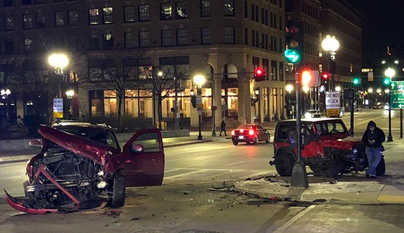 Two-car crash in downtown Boston