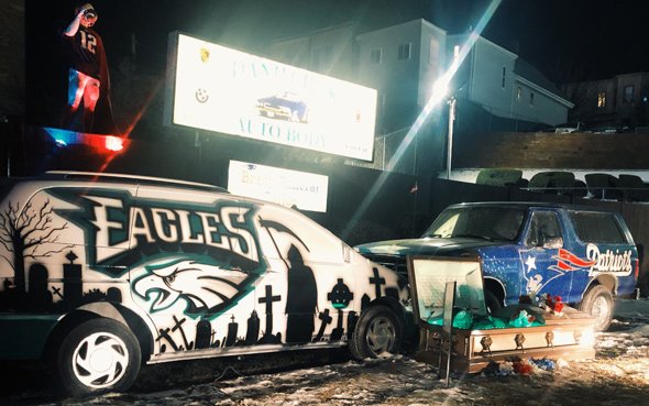 Eagles and Patriots SUV display in East Boston