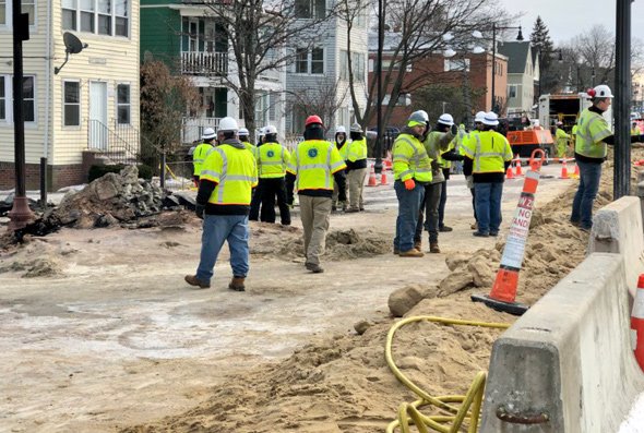 Workers on Hyde Park Avenue at gas-main flame