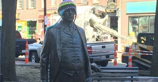James Michael Curley statue in a winter hat