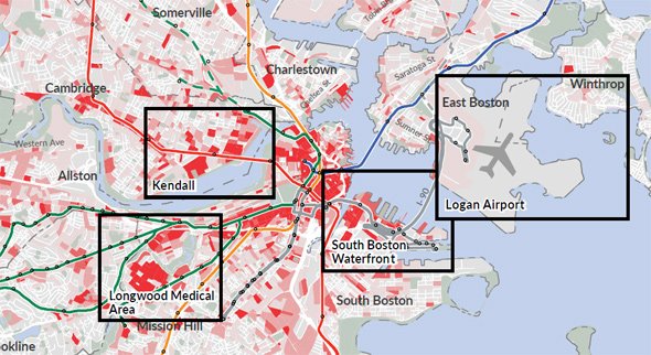 MBTA priority places: Logan, Longwood, Kendall, South Boston Waterfront