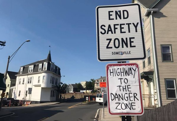 End Safety Zone, Start Danger Zone, according to Somerville signs