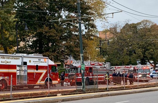Fluid-leaking firetruck on Commonwealth Avenue service lane