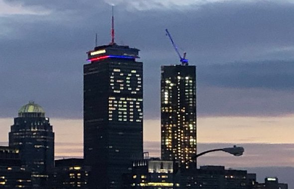 Prudential building lit up for the Patriots