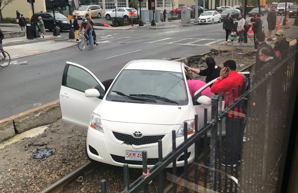 Car on the Green Line tracks along Commonwealth Avenue