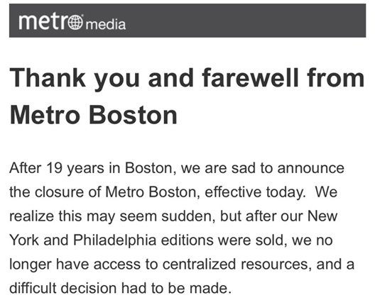 Boston Metro announces its immediate shutdown