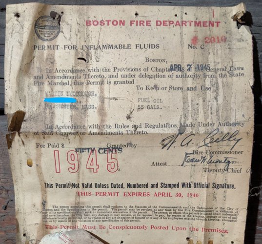 Old fuel-oil tank certificate issued by Boston Fire Department in 1946