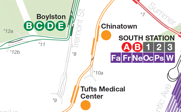 Part of MBTA track map, showing abandoned Green Line tracks