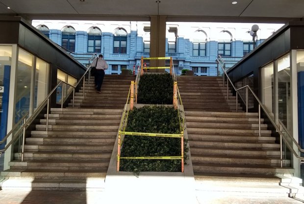 Escalator now a plant stand at Center Plaza