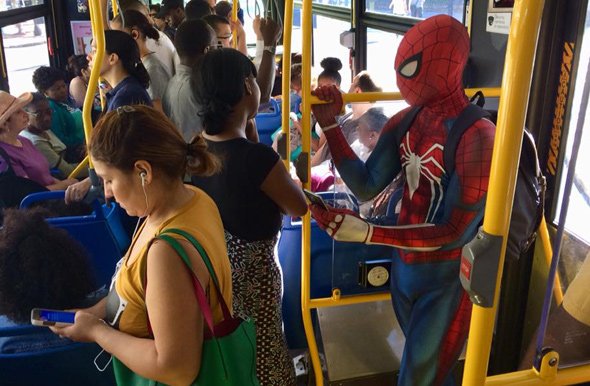 Spider-Man on a Washington Street bus in Roslindale this morning