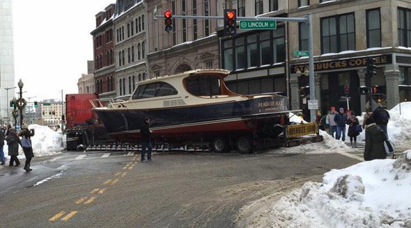 Boat stuck on Lincoln Street in downtown Boston