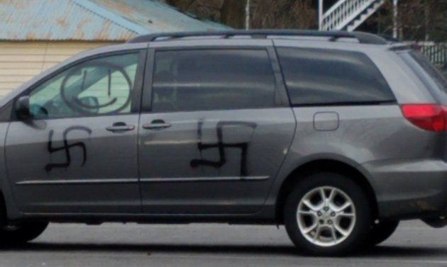Swastikas sprayed on a minivan in a church parking lot in Jamaica Plain