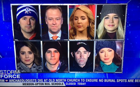 Eight reporters in the snow