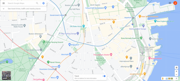 Google map of Downtown Boston with transit lines showing; the Blue and Orange lines are deflected from their actual alignments