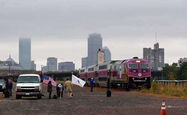 Commuter-rail train in abandoned Allston rail yard