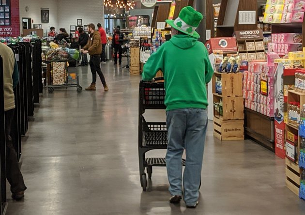 Man dressed for St. Patrick's Day at Roche Bros. in West Roxbury