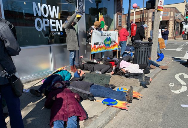Climate-change die-in outside Chase Bank branch in Jamaica Plain