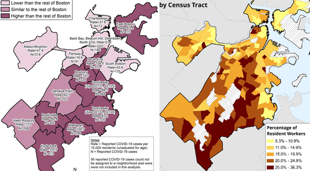 Maps showing Covid-19 and healthcare employment rates