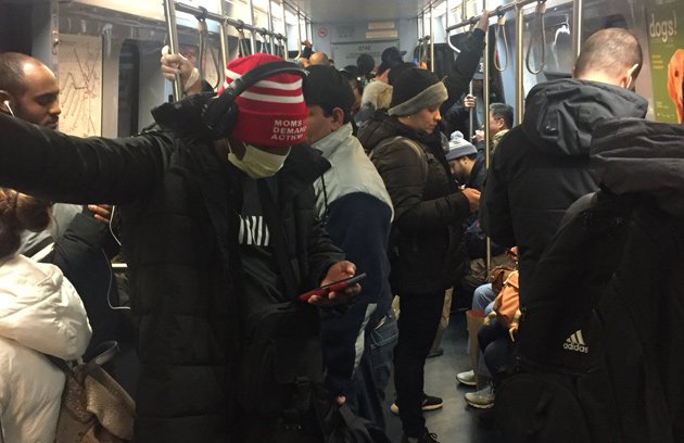 A crowded Blue Line train this afternoon