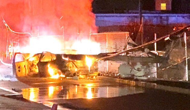 Flaming car and electric lines in Dorchester